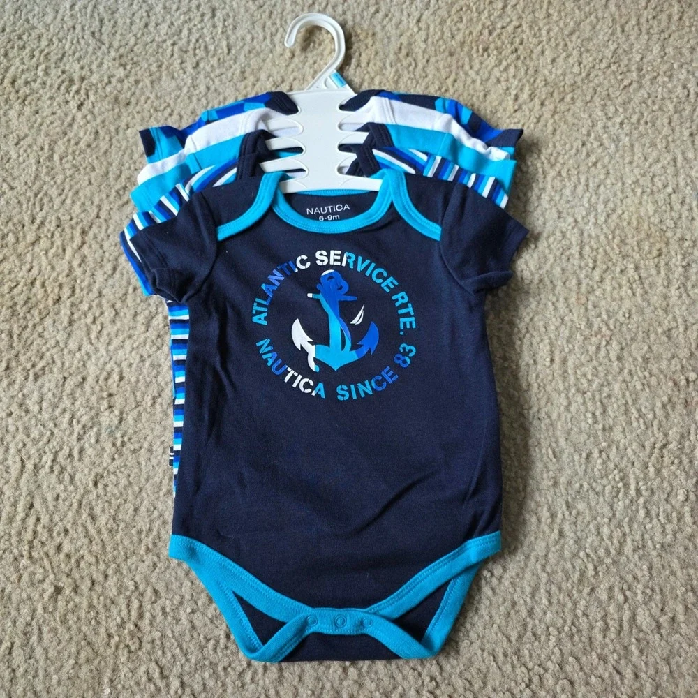 Nautica Baby Boys 5 Pack Short Sleeve Bodysuits Blue White 6-9 Months